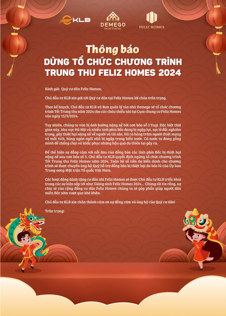 THÔNG BÁO DỪNG TỔ CHỨC CHƯƠNG TRÌNH TRUNG THU FELIZ HOMES 2024