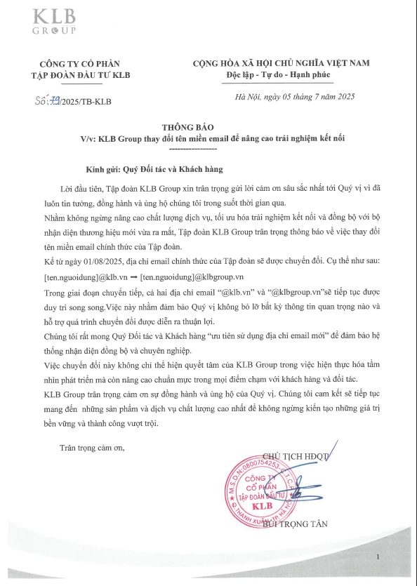 Thông báo thay đổi địa chỉ email KLB Group