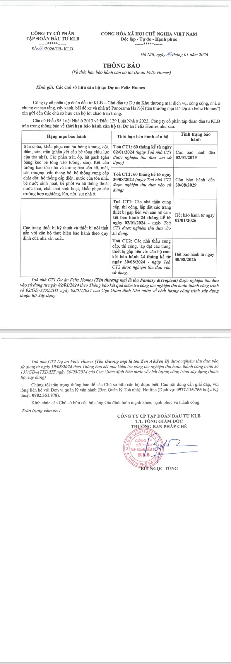 [THÔNG BÁO] THỜI HẠN BẢO HÀNH CĂN HỘ TẠI DỰ ÁN FELIZ HOMES